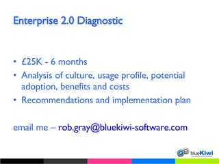 Enterprise 2.0 Diagnostic £25K - 6 months Analysis of culture, usage profile, potential adoption, benefits and costs Recommendations and implementation plan email me –  [email_address] 