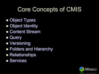 Core Concepts of CMIS
  Object Types

 Object Identity
 Content Stream
 Query
 Versioning
 Folders and Hierarchy
 R...