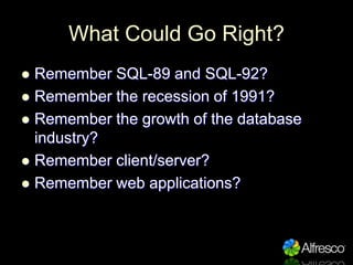 What Could Go Right?
  Remember SQL-89 and SQL-92?

 Remember the recession of 1991?
 Remember the growth of the databa...