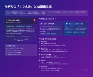 モデルの「くりえみ」とAI画像生成
モデルの「くりえみ」とAI画像生成
くりえみ / KURIEMI 
連続起業家 / モデル / タレント / CMO
AIHUB株式会社 CMO PINYOKIO株式会社 CEO AI School代表
「SNSのフェチ天使」として自己プロデュースを得意とし、自身
のSNS構築や自社ブランドの美容品開発なども手掛ける多才なク
リエイター。AI関連事業やバーチャルヒューマン領域に強い関心
を持ち、革新的なビジネスを展開。
 61.5万フォロワー  127万フォロワー
「世の中にイノベーションを、革命を」
ー 職業、革命家 ー
AI画像生成プロジェクト
AiHUBでの活動と貢献
 AIグラビア写真集
AiHUB所属の6人のクリエイターが"フェチ天
使"をコンセプトに独自の世界観で作り上げ
た、生成AIとリアル写真が融合した新しいグラ
ビア写真集。
AI生成画像 実写融合 新時代表現
 Bachamo (バチャモ)
撮影いらずのファッションAI「Bachamo」は
世界観ごとデザインするAIモデルを創出。服を
着せるだけではなく、独自の世界観を表現。
ファッションAI 世界観デザイン コスト削減
くりえみ氏は連続起業家、モデル、タレントとして活躍しながら、AI技術とクリエイティブの融合を推進。AiHUB株式会社のCMOとして画像生成AI領域を
リードし、AIと人間のクリエイティビティの新たな可能性を追求しています。
AI分野でのビジョン
 バーチャルヒューマンのスター創出
 ライブコマースなどでのマネタイズ
 リアルとバーチャルの2軸展開
 「数年後の当たり前」を先取り
2023年9月
AiHUB株式会社 CMOに就任
AIと人間のクリエイティビティが融合するハブを目指す
2023年9月
AI画像生成サービス「AiMe（アイミー）
」リリース
クリエイターやアーティスト向け高品質AI画像生成サービス
2023年〜2024年
「AIくりえみ」学習モデル制作
AI天使（AiHUB所属アーティスト）とのコラボレーション
2024年
「AIアイドル生成講座」プロデュース
Stable Diffusionなど画像生成AIの知識を活かした教育活動
2025年3月
ファッションAI「Bachamo」立ち上げ
AiHUB、Pinyokio、Triple3の共同事業 10 / 20
 