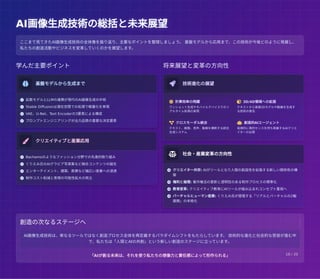 AI画像生成技術の総括と未来展望
AI画像生成技術の総括と未来展望
学んだ主要ポイント
 基盤モデルから生成まで
 拡散モデルとLLMの連携が現代のAI画像生成の中核
 Stable Diffusionは潜在空間での処理で軽量化を実現
 VAE、U-Net、Text Encoderの3要素による構成
 プロンプトエンジニアリングが出力品質の重要な決定要素
 クリエイティブと産業応用
 Bachamoのようなファッション分野での先進的取り組み
 くりえみ氏のAIグラビア写真集など融合コンテンツの誕生
 エンターテイメント、建築、医療など幅広い産業への浸透
 制作コスト削減と表現の可能性拡大の両立
将来展望と変革の方向性
 技術進化の展望
 計算効率の飛躍
ワンショット生成やモバイルデバイスでのリ
アルタイム処理の実現
 3D/4D領域への拡張
テキストから直接3Dモデルや動画を生成す
る技術の普及
 クロスモーダル統合
テキスト、画像、音声、動画を横断する統合
生成システム
 創造的AIエージェント
自律的に美的センスを持ち発展するAIクリエ
イターの出現
 社会・産業変革の方向性
 クリエイター共存: AIがツールとなり人間の創造性を拡張する新しい関係性の構
築
 権利と倫理: 著作権法の更新と透明性のある制作プロセスの標準化
 教育変革: クリエイティブ教育にAIツールが組み込まれコンセプト重視へ
 バーチャルヒューマン産業: くりえみ氏が提唱する「リアルとバーチャルの2軸
展開」の本格化
ここまで見てきたAI画像生成技術の全体像を振り返り、主要なポイントを整理しましょう。 基盤モデルから応用まで、この技術が今後どのように発展し、
私たちの創造活動やビジネスを変革していくのかを展望します。
創造の次なるステージへ
AI画像生成技術は、単なるツールではなく創造プロセス全体を再定義するパラダイムシフトをもたらしています。 技術的な進化と社会的な受容が進む中
で、私たちは「人間とAIの共創」という新しい創造のステージに立っています。
「AIが創る未来は、それを使う私たちの想像力と責任感によって形作られる」 18 / 20
 