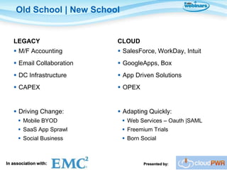 Old School | New School


   LEGACY                  CLOUD
    M/F Accounting         SalesForce, WorkDay, Intuit
    Email Collaboration    GoogleApps, Box
    DC Infrastructure      App Driven Solutions
    CAPEX                  OPEX


    Driving Change:        Adapting Quickly:
      Mobile BYOD             Web Services – Oauth |SAML
      SaaS App Sprawl         Freemium Trials
      Social Business         Born Social



In association with:                  Presented by:
 