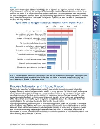 Industry
Watch
©2015 AIIM - The Global Community of Information Professionals 9
ContentAnalytics:automatingprocessesand
extractingknowledge
Issues
Again, as we might expect for a new technology, lack of expertise is a big issue, reported by 36%. As we
suggested before, not having firm and agreed information governance and content retention policies is also
an issue that needs to be solved before rules-based classification can be implemented. Our respondents
are also reporting some technical issues around connecting repositories and setting up the rules. Compared
to big data projects in general, “over-hyped management expectations” does not seem to be a significant
issue for our early adopters.
Figure 6: What are the biggest issues for you with content analytics projects? (N=207)
60% of our respondents feel that content analytics will become an essential capability for their organization
within the next five years, and while initial efforts are a little varied in outcome, users are applying the
technology across a range of application areas.
Process Automation and Inbound Routing
More recently tagged as “smart business processes”, automated and adaptive processing based on
analysis of inbound content has been growing steadily in recent years. As the volume, variety and urgency
of multi-channel inbound content has grown, users have been looking at ways to reduce handling loads,
speed up response, and embed compliance into their customer or supplier-facing processes. The most
popular application has been invoice processing (accounts payable) where invoices are recognized out
of the inbound mail, examined for layout of key fields and OCR’d to capture the actual data. This is then
validated against the original purchase order data from the finance system.
Varying degrees of analytic capability can be built into this application, and it can, of course, be extended
to any number of inbound forms. As the inbound capture extends across more and more types of content,
especially where the digital mailroom concept is employed (centrally or distributed), recognition of content
type and automated routing to specific processes becomes very useful. In many cases, the arrival of a
specific form or piece of customer correspondence (paper or email) can kick off a downstream process such
as on-boarding, a support ticket, or a claim.
It has not been set as a priority from above
There is genuine interest but no budget to
move forward
We are invesƟgaƟng possibiliƟes but progress
is slow
We have tried a few projects but with mixed
success
We are convinced this is the way to go and
are working on it
It has already proved its ROI and we are
proceeding apace
0% 10% 20% 30% 40%
We lack experƟse in this area
We need to set InformaƟon Governance (IG)
policies ﬁrst before we can set the rules
It needs a considerable investment in tools
and resources
We haven't really looked at it recently
ConnecƟng to and between repositories and
systems can be diﬃcult
Seƫng the analysis rules can be diﬃcult and
Ɵme-consuming
It’s hard to predict that the outcome will be
successful
We need to comply with data privacy laws
The tools are immature and hard to use
Management expectaƟons are over-hyped
0% 2% 4% 6% 8% 10% 12% 14% 16% 18%
OCR data capture to process, with validaƟon
Auto-classiﬁcaƟon/tagging for archive, ECM,
or RM
CollecƟon of documents/emails into case
folders
Automated rouƟng of inbound mail to
speciﬁc acƟve processes
SeparaƟon of content types in the mail-
stream (e.g. forms, invoices, etc.)
Process triggered from inbound mail item
(scanned from paper)
Process triggered from inbound email
In-process workﬂow adjustment, e.g.
adapƟve case management
Fraud detecƟon
Process triggered from mobile device input
 