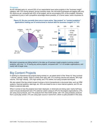 Industry
Watch
©2015 AIIM - The Global Community of Information Professionals 20
ContentAnalytics:automatingprocessesand
extractingknowledge
Progress
As we indicated early on, around 25% of our respondents have active projects in the “business insight”
category, with 10% having several. Across company sizes, the mid-sized businesses are lagging with only
9% active as yet, compared with 40% of the largest, and an encouraging 24% of the smallest, indicating
a readiness to jump in with competitive advantage where possible, or in some cases, build a business on
this.
Figure 23: Do you currently have one or more active “big content” or “content analytics”
applications making use of unstructured or textual data for business insight? (N=180)
Mid-sized companies are falling behind in the take up of business insight projects involving content
analytics, with only 1 in 10 having any active projects, compared with 1 in 4 of smaller organizations, and
nearly half of larger ones.
Big Content Projects
In seeking to characterize the projects being worked on, we asked which of the “three Vs” they involved
– volume, velocity, variety. There is a fairly even split, with 11% involving volume and velocity, 36% high
volume, 15% high velocity, 23% high variety, and 17% neither, but using complex techniques.
We also asked if the big content project involves a link to transactional or structured data, such as CRM
systems, financial systems, data logs, etc. 53% are linked to one or more internal systems, and 5% are
linked to external data sets.
When it comes to how the projects have been deployed, or what tools are being used, nearly half have
used in-house development and 17% external custom (rising to 27% for the largest organizations). 27%
are using cloud products, and 17% products from their ECM vendor, with 13% using analytics products
from a pure-play vendor. 21% are using open source in some form, which is quite prevalent in this area.
Incident predicƟon
Reduced losses from fraud
Staﬀ senƟment monitoring
Lots, 2% Several,
8%
One or
two,
14%
Planned,
13%
Not as
yet, 52%
Unlikely,
12%
0% 10% 20% 30%
Lots
Several
One or two
Planned
10-500
emps
500-5,000
emps
5,000+
emps
0% 10% 20% 30% 40% 50% 60%
In-house developed tools
Cloud/SaaS services
AnalyƟcs products from your ECM
vendor(s)
Open Source soluƟons
External custom development
Pure-play analyƟcs products
 