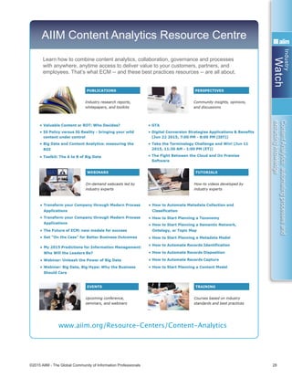 Industry
Watch
©2015 AIIM - The Global Community of Information Professionals 28
ContentAnalytics:automatingprocessesand
extractingknowledge
Learn how to combine content analytics, collaboration, governance and processes
with anywhere, anytime access to deliver value to your customers, partners, and
employees. That’s what ECM -- and these best practices resources -- are all about.
AIIM Content Analytics Resource Centre
www.aiim.org/Resource-Centers/Content-Analytics
 