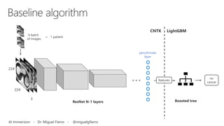 3
224
224
ResNet N-1 layers
penultimate
layer
no
cancer
CNTK LightGBM
Boosted tree
k batch
of images
= 1 patient
features
AI Immersion - Dr. Miguel Fierro - @miguelgfierro
 
