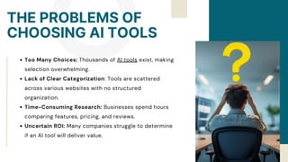 THE PROBLEMS OF
CHOOSING AI TOOLS
Too Many Choices: Thousands of AI tools exist, making
selection overwhelming.
Lack of Clear Categorization: Tools are scattered
across various websites with no structured
organization.
Time-Consuming Research: Businesses spend hours
comparing features, pricing, and reviews.
Uncertain ROI: Many companies struggle to determine
if an AI tool will deliver value.
 