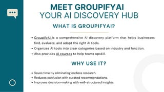 MEET GROUPIFYAI
YOUR AI DISCOVERY HUB
WHAT IS GROUPIFYAI?
GroupifyAI is a comprehensive AI discovery platform that helps businesses
find, evaluate, and adopt the right AI tools.
Organizes AI tools into clear categories based on industry and function.
Also provides AI courses to help teams upskill.
Saves time by eliminating endless research.
Reduces confusion with curated recommendations.
Improves decision-making with well-structured insights.
WHY USE IT?
 