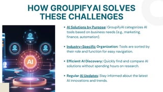 HOW GROUPIFYAI SOLVES
THESE CHALLENGES
AI Solutions by Purpose: GroupifyAI categorizes AI
tools based on business needs (e.g., marketing,
finance, automation).
Industry-Specific Organization: Tools are sorted by
their role and function for easy navigation.
Efficient AI Discovery: Quickly find and compare AI
solutions without spending hours on research.
Regular AI Updates: Stay informed about the latest
AI innovations and trends.
 
