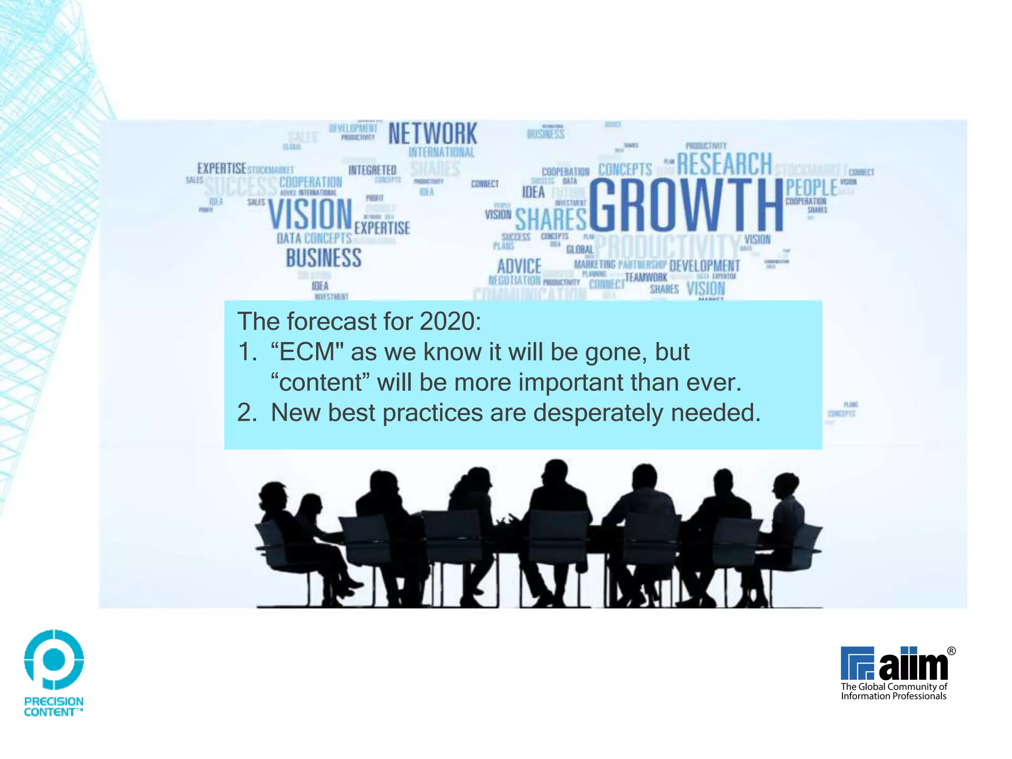 The forecast for 2020:
1. “ECM" as we know it will be gone, but
“content” will be more important than ever.
2. New best practices are desperately needed.
 