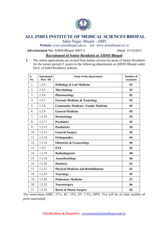Clarifications & Enquiries: recruitment@aiimsbhopal.edu.in
ALL INDIA INSTITUTE OF MEDICAL SCIENCES BHOPAL
Saket Nagar, Bhopal – (MP)
Website: www.aiimsbhopal.edu.in and www.aiimsbhopal.nic.in
Advertisement No: AIIMS/Bhopal /0007.4 Dated: 15/10/2015
Recruitment of Senior Residents at AIIMS Bhopal
I. The online applications are invited from Indian citizens for posts of Senior Residents
for the tenure period (3 years) in the following departments at AIIMS Bhopal under
Govt. of India Residency scheme.
S.
No.
Sanctioned
Post / ID
Name of the department Number of
vacancies
1. 1.2.4 Pathology & Lab Medicine 01
2. 1.2.5 Microbiology 03
3. 1.2.6 Pharmacology 02
4. 1.2.7 Forensic Medicine & Toxicology 02
5. 1.2.8 Community Medicine / Family Medicine 05
6. 1.2.9 General Medicine 05
7. 1.2.10 Dermatology 03
8. 1.2.11 Psychiatry 02
9. 1.2.12 Paediatrics 04
10. 1.2.13 General Surgery 05
11. 1.2.14 Orthopaedics 04
12. 1.2.16 Obstetrics & Gynaecology 06
13. 1.217 ENT 02
14. 1.2.18 Radiodiagnosis 08
15. 1.2.19 Anaesthesiology 06
16. 1.2.20 Dentistry 01
17. 1.2.23 Physical Medicine and Rehabilitation 02
18. 1.2.25 Neurology 05
19. 1.2.29 Pulmonary Medicine 07
20. 1.2.32 Neurosurgery 06
21. 1.2.36 Burns & Plastic Surgery 02
The reservation (OBC: 27%, SC: 15%, ST: 7.5%, OPH: 3%) will be on total number of
posts sanctioned.
 