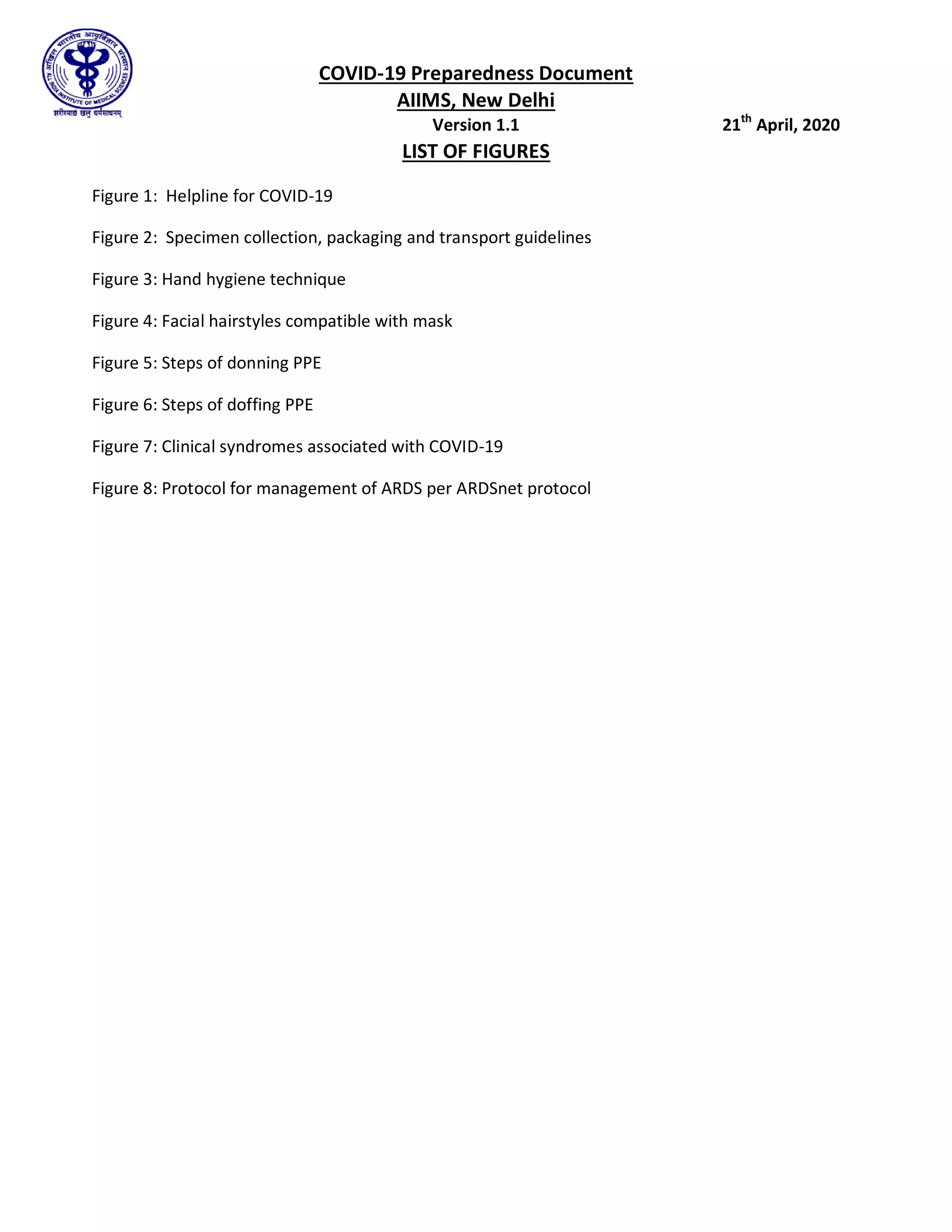 COVID-19 Preparedness Document
AIIMS, New Delhi
Version 1.1 21th
April, 2020
LIST OF FIGURES
Figure 1: Helpline for COVID-19
Figure 2: Specimen collection, packaging and transport guidelines
Figure 3: Hand hygiene technique
Figure 4: Facial hairstyles compatible with mask
Figure 5: Steps of donning PPE
Figure 6: Steps of doffing PPE
Figure 7: Clinical syndromes associated with COVID-19
Figure 8: Protocol for management of ARDS per ARDSnet protocol
 