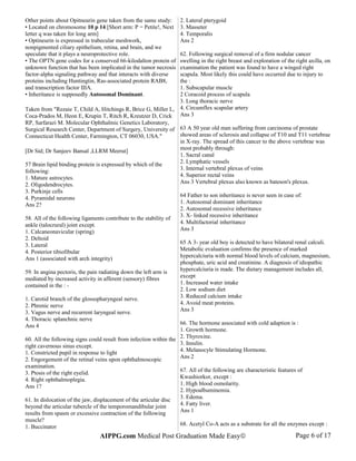 Other points about Opitneurin gene taken from the same study:
• Located on chromosome 10 p 14 [Short arm: P = Petite!, Next
letter q was taken for long arm]
• Optineurin is expressed in trabecular meshwork,
nonpigmented ciliary epithelium, retina, and brain, and we
speculate that it plays a neuroprotective role.
• The OPTN gene codes for a conserved 66-kilodalton protein of
unknown function that has been implicated in the tumor necrosis
factor-alpha signaling pathway and that interacts with diverse
proteins including Huntingtin, Ras-associated protein RAB8,
and transcription factor IIIA.
• Inheritance is supposedly Autosomal Dominant.
Taken from "Rezaie T, Child A, Hitchings R, Brice G, Miller L,
Coca-Prados M, Heon E, Krupin T, Ritch R, Kreutzer D, Crick
RP, Sarfarazi M. Molecular Ophthalmic Genetics Laboratory,
Surgical Research Center, Department of Surgery, University of
Connecticut Health Center, Farmington, CT 06030, USA."
[Dr Sid; Dr Sanjeev Bansal ,LLRM Meerut]
57 Brain lipid binding protein is expressed by which of the
following:
1. Mature astrocytes.
2. Oligodendrocytes.
3. Purkinje cells
4. Pyramidal neurons
Ans 2?
58. All of the following ligaments contribute to the stability of
ankle (talocrural) joint except.
1. Calcaneonavicular (spring)
2. Deltoid
3. Lateral
4. Posterior tibiofibular
Ans 1 (associated with arch integrity)
59. In angina pectoris, the pain radiating down the left arm is
mediated by increased activity in afferent (sensory) fibres
contained in the : -
1. Carotid branch of the glossopharyngeal nerve.
2. Phrenic nerve
3. Vagus nerve and recurrent laryngeal nerve.
4. Thoracic splanchnic nerve
Ans 4
60. All the following signs could result from infection within the
right cavernous sinus except.
1. Constricted pupil in response to light
2. Engorgement of the retinal veins upon ophthalmoscopic
examination.
3. Ptosis of the right eyelid.
4. Right ophthalmoplegia.
Ans 1?
61. In dislocation of the jaw, displacement of the articular disc
beyond the articular tubercle of the temporomandibular joint
results from spasm or excessive contraction of the following
muscle?
1. Buccinator
2. Lateral pterygoid
3. Masseter
4. Temporalis
Ans 2
62. Following surgical removal of a firm nodular cancer
swelling in the right breast and exploration of the right axilla, on
examination the patient was found to have a winged right
scapula. Most likely this could have occurred due to injury to
the :
1. Subscapular muscle
2 Coracoid process of scapula
3. Long thoracic nerve
4. Circumflex scapular artery
Ans 3
63 A 50 year old man suffering from carcinoma of prostate
showed areas of sclerosis and collapse of T10 and T11 vertebrae
in X-ray. The spread of this cancer to the above vertebrae was
most probably through:
1. Sacral canal
2. Lymphatic vessels
3. Internal vertebral plexus of veins
4. Superior rectal veins
Ans 3 Vertebral plexus also known as bateson's plexus.
64 Father to son inheritance is never seen in case of:
1. Autosomal dominant inheritance
2. Autosomal recessive inheritance
3. X- linked recessive inheritance
4. Multifactorial inheritance
Ans 3
65 A 3- year old boy is detected to have bilateral renal calculi.
Metabolic evaluation confirms the presence of marked
hypercalciuria with normal blood levels of calcium, magnesium,
phosphate, uric acid and creatinine. A diagnosis of idiopathic
hypercalciuria is made. The dietary management includes all,
except
1. Increased water intake
2. Low sodium diet
3. Reduced calcium intake
4. Avoid meat proteins.
Ans 3
66. The hormone associated with cold adaption is :
1. Growth hormone.
2. Thyroxine.
3. Insulin.
4. Melanocyle Stimulating Hormone.
Ans 2
67. All of the following are characteristic features of
Kwashiorkor, except :
1. High blood osmolarity.
2. Hypoalbuminemia.
3. Edema.
4. Fatty liver.
Ans 1
68. Acetyl Co-A acts as a substrate for all the enzymes except :
AIPPG.com Medical Post Graduation Made Easy© Page 6 of 17
 