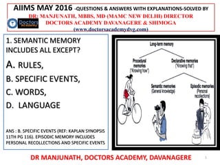 AIIMS MAY 2016 -QUESTIONS & ANSWERS WITH EXPLANATIONS-SOLVED BY
DR: MANJUNATH, MBBS, MD (MAMC NEW DELHI) DIRECTOR
DOCTORS ACADEMY DAVANAGERE & SHIMOGA
(www.doctorsacademydvg.com)
1. SEMANTIC MEMORY
INCLUDES ALL EXCEPT?
A. RULES,
B. SPECIFIC EVENTS,
C. WORDS,
D. LANGUAGE
ANS : B. SPECIFIC EVENTS (REF: KAPLAN SYNOPSIS
11TH PG 116). EPISODIC MEMORY INCLUDES
PERSONAL RECOLLECTIONS AND SPECIFIC EVENTS
DR MANJUNATH, DOCTORS ACADEMY, DAVANAGERE 1
 