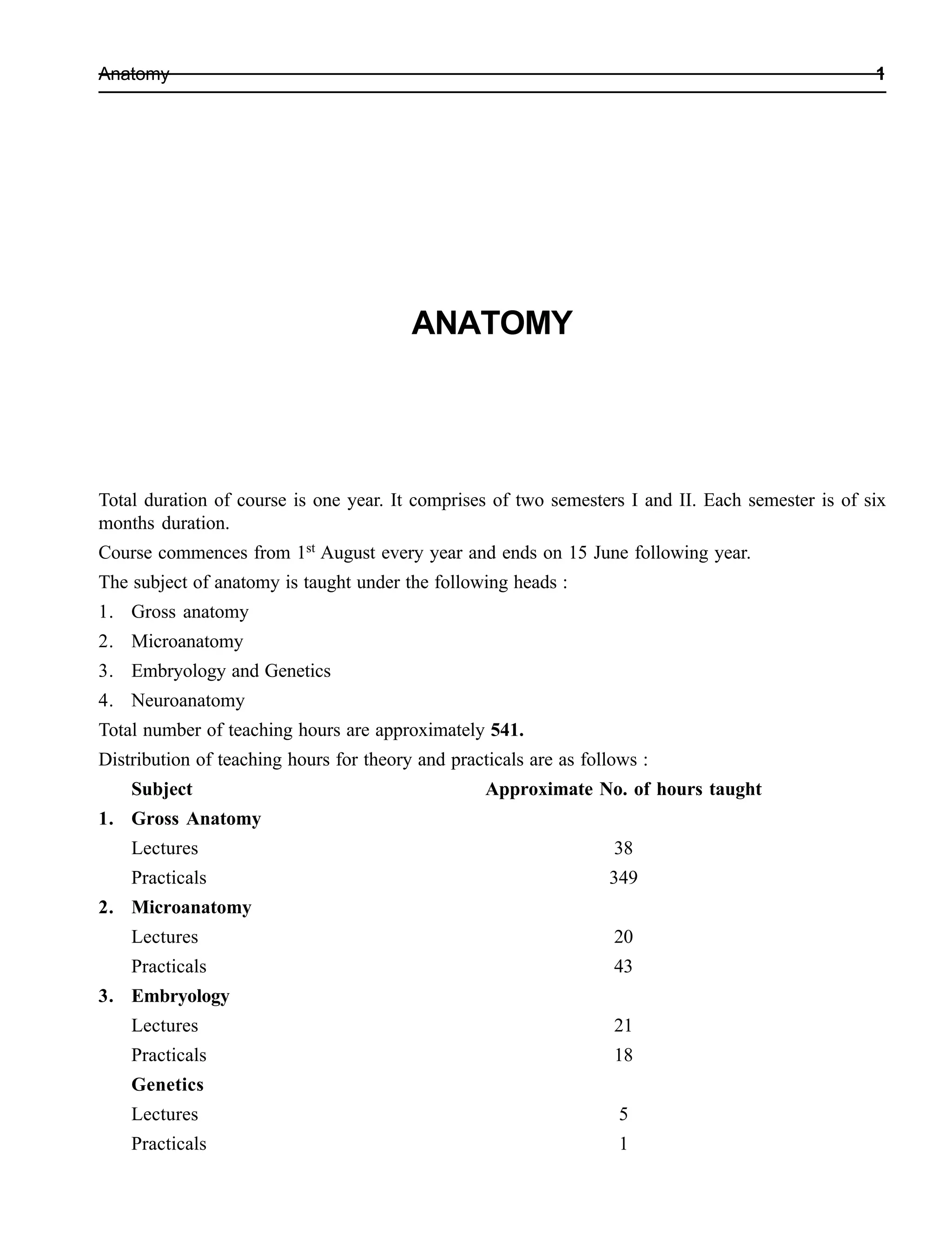 Anatomy 1
ANATOMY
Total duration of course is one year. It comprises of two semesters I and II. Each semester is of six
months duration.
Course commences from 1st August every year and ends on 15 June following year.
The subject of anatomy is taught under the following heads :
1. Gross anatomy
2. Microanatomy
3. Embryology and Genetics
4. Neuroanatomy
Total number of teaching hours are approximately 541.
Distribution of teaching hours for theory and practicals are as follows :
Subject Approximate No. of hours taught
1. Gross Anatomy
Lectures 38
Practicals 349
2. Microanatomy
Lectures 20
Practicals 43
3. Embryology
Lectures 21
Practicals 18
Genetics
Lectures 5
Practicals 1
 