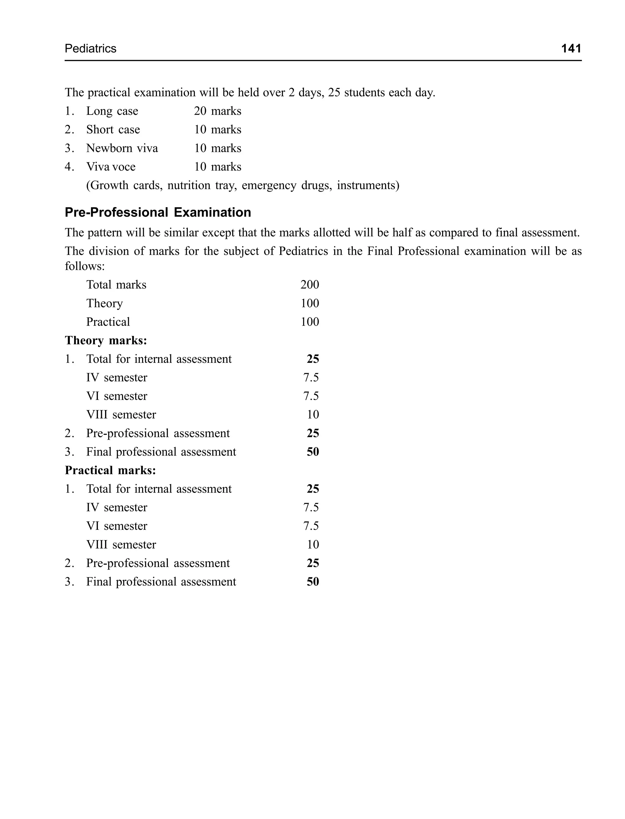 Pediatrics 141
The practical examination will be held over 2 days, 25 students each day.
1. Long case 20 marks
2. Short case 10 marks
3. Newborn viva 10 marks
4. Viva voce 10 marks
(Growth cards, nutrition tray, emergency drugs, instruments)
Pre-Professional Examination
The pattern will be similar except that the marks allotted will be half as compared to final assessment.
The division of marks for the subject of Pediatrics in the Final Professional examination will be as
follows:
Total marks 200
Theory 100
Practical 100
Theory marks:
1. Total for internal assessment 25
IV semester 7.5
VI semester 7.5
VIII semester 10
2. Pre-professional assessment 25
3. Final professional assessment 50
Practical marks:
1. Total for internal assessment 25
IV semester 7.5
VI semester 7.5
VIII semester 10
2. Pre-professional assessment 25
3. Final professional assessment 50
 