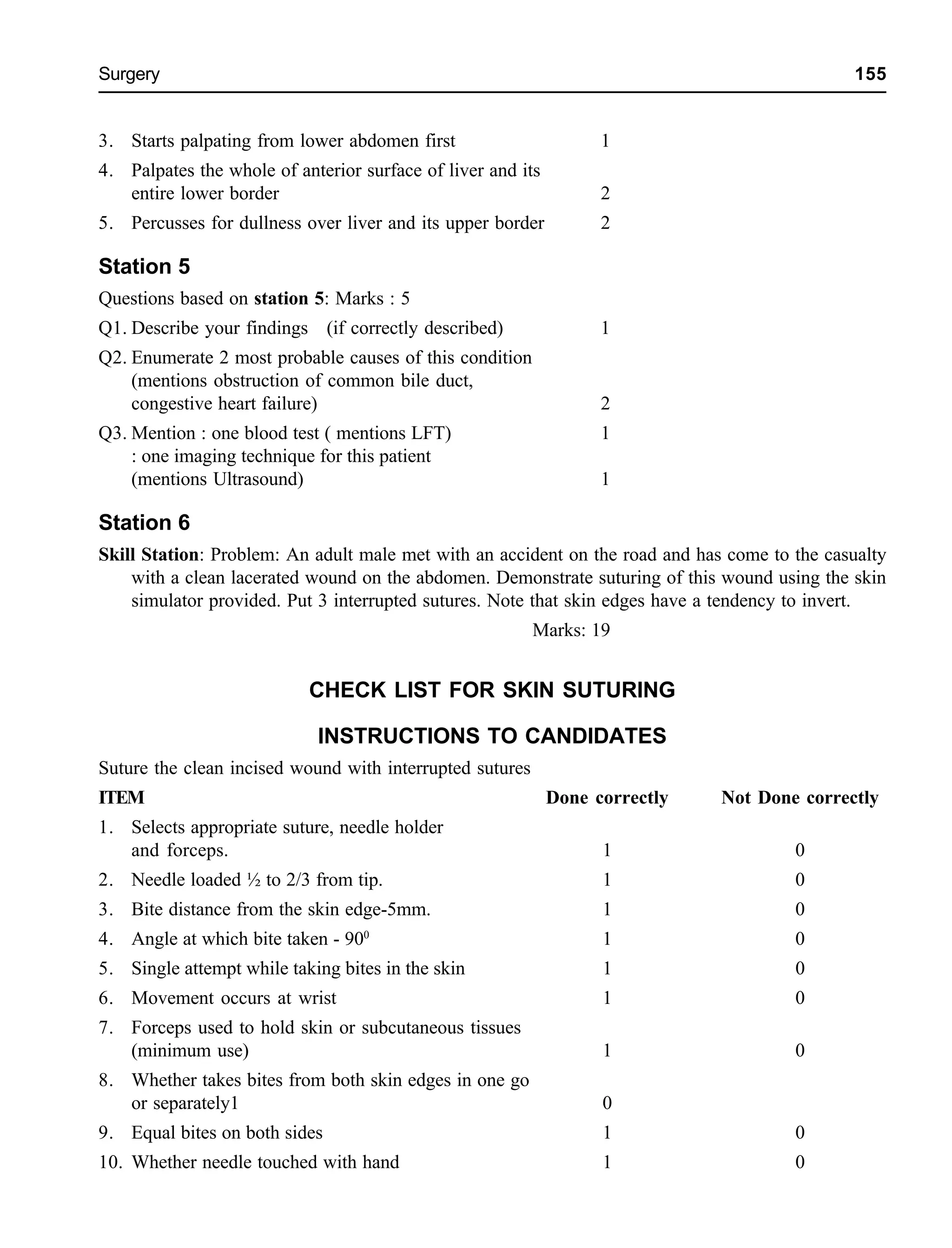 Surgery 155
3. Starts palpating from lower abdomen first 1
4. Palpates the whole of anterior surface of liver and its
entire lower border 2
5. Percusses for dullness over liver and its upper border 2
Station 5
Questions based on station 5: Marks : 5
Q1. Describe your findings (if correctly described) 1
Q2. Enumerate 2 most probable causes of this condition
(mentions obstruction of common bile duct,
congestive heart failure) 2
Q3. Mention : one blood test ( mentions LFT) 1
: one imaging technique for this patient
(mentions Ultrasound) 1
Station 6
Skill Station: Problem: An adult male met with an accident on the road and has come to the casualty
with a clean lacerated wound on the abdomen. Demonstrate suturing of this wound using the skin
simulator provided. Put 3 interrupted sutures. Note that skin edges have a tendency to invert.
Marks: 19
CHECK LIST FOR SKIN SUTURING
INSTRUCTIONS TO CANDIDATES
Suture the clean incised wound with interrupted sutures
ITEM Done correctly Not Done correctly
1. Selects appropriate suture, needle holder
and forceps. 1 0
2. Needle loaded ½ to 2/3 from tip. 1 0
3. Bite distance from the skin edge-5mm. 1 0
4. Angle at which bite taken - 900
1 0
5. Single attempt while taking bites in the skin 1 0
6. Movement occurs at wrist 1 0
7. Forceps used to hold skin or subcutaneous tissues
(minimum use) 1 0
8. Whether takes bites from both skin edges in one go
or separately1 0
9. Equal bites on both sides 1 0
10. Whether needle touched with hand 1 0
 