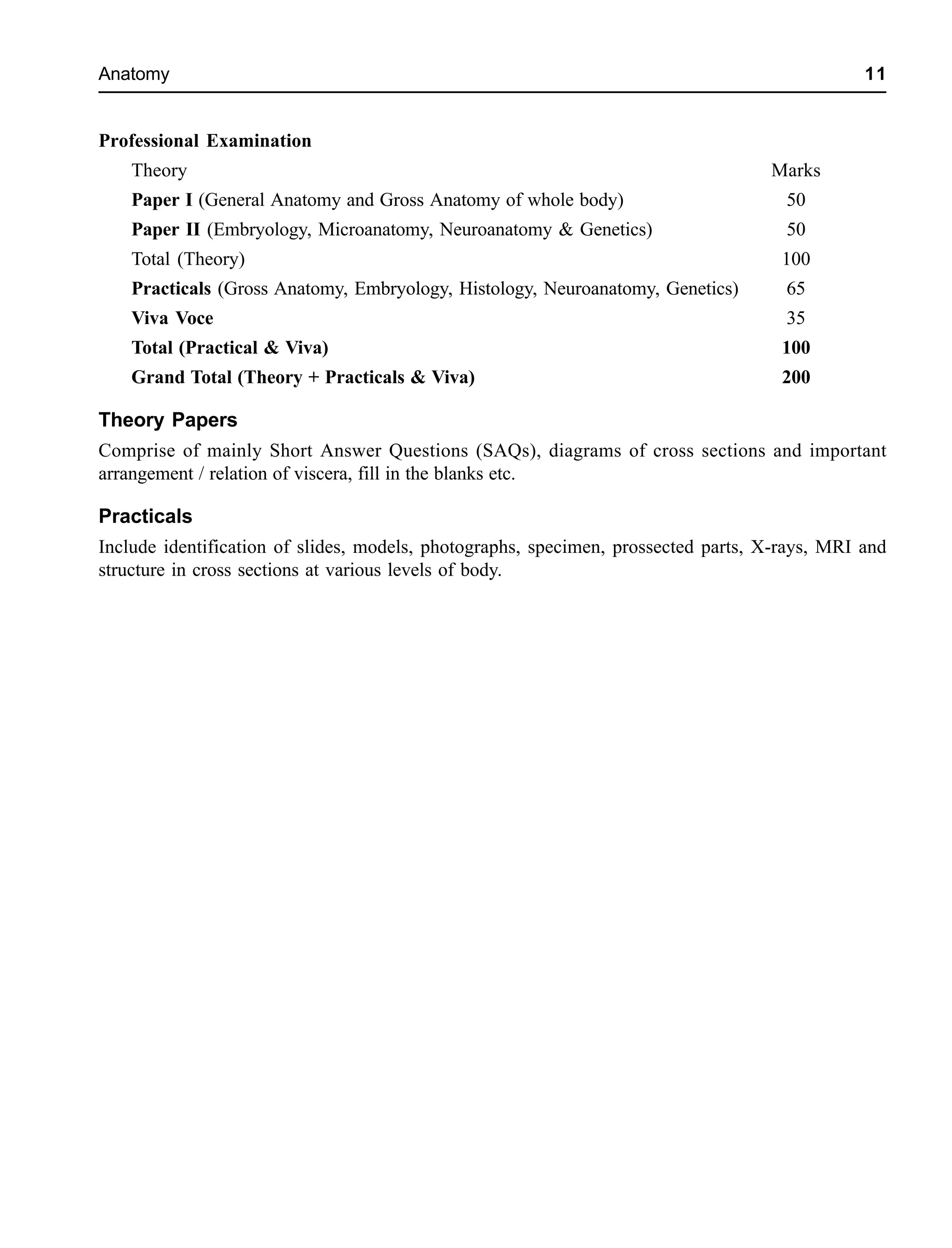 Anatomy 11
Professional Examination
Theory Marks
Paper I (General Anatomy and Gross Anatomy of whole body) 50
Paper II (Embryology, Microanatomy, Neuroanatomy & Genetics) 50
Total (Theory) 100
Practicals (Gross Anatomy, Embryology, Histology, Neuroanatomy, Genetics) 65
Viva Voce 35
Total (Practical & Viva) 100
Grand Total (Theory + Practicals & Viva) 200
Theory Papers
Comprise of mainly Short Answer Questions (SAQs), diagrams of cross sections and important
arrangement / relation of viscera, fill in the blanks etc.
Practicals
Include identification of slides, models, photographs, specimen, prossected parts, X-rays, MRI and
structure in cross sections at various levels of body.
 