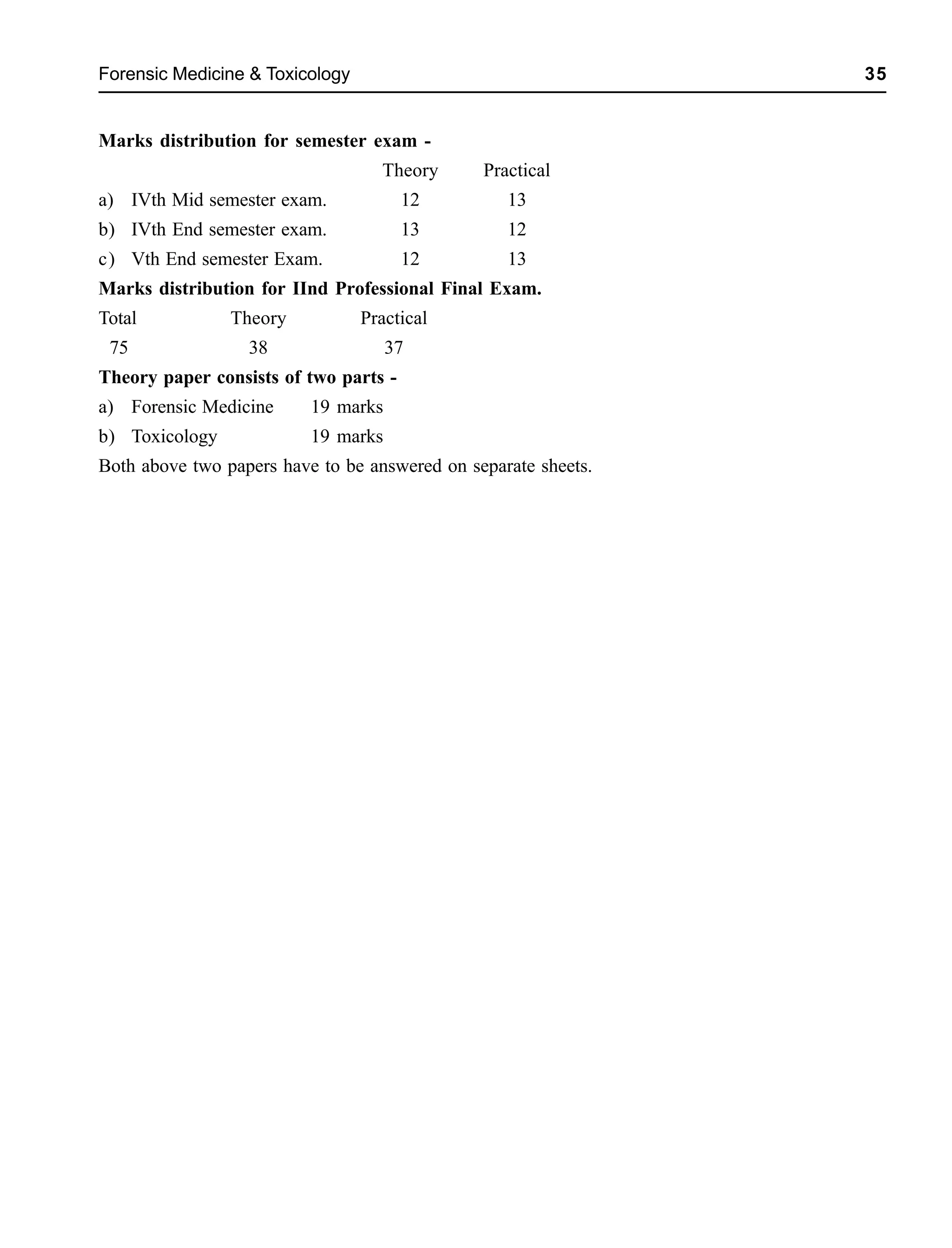 Forensic Medicine & Toxicology 35
Marks distribution for semester exam -
Theory Practical
a) IVth Mid semester exam. 12 13
b) IVth End semester exam. 13 12
c) Vth End semester Exam. 12 13
Marks distribution for IInd Professional Final Exam.
Total Theory Practical
75 38 37
Theory paper consists of two parts -
a) Forensic Medicine 19 marks
b) Toxicology 19 marks
Both above two papers have to be answered on separate sheets.
 