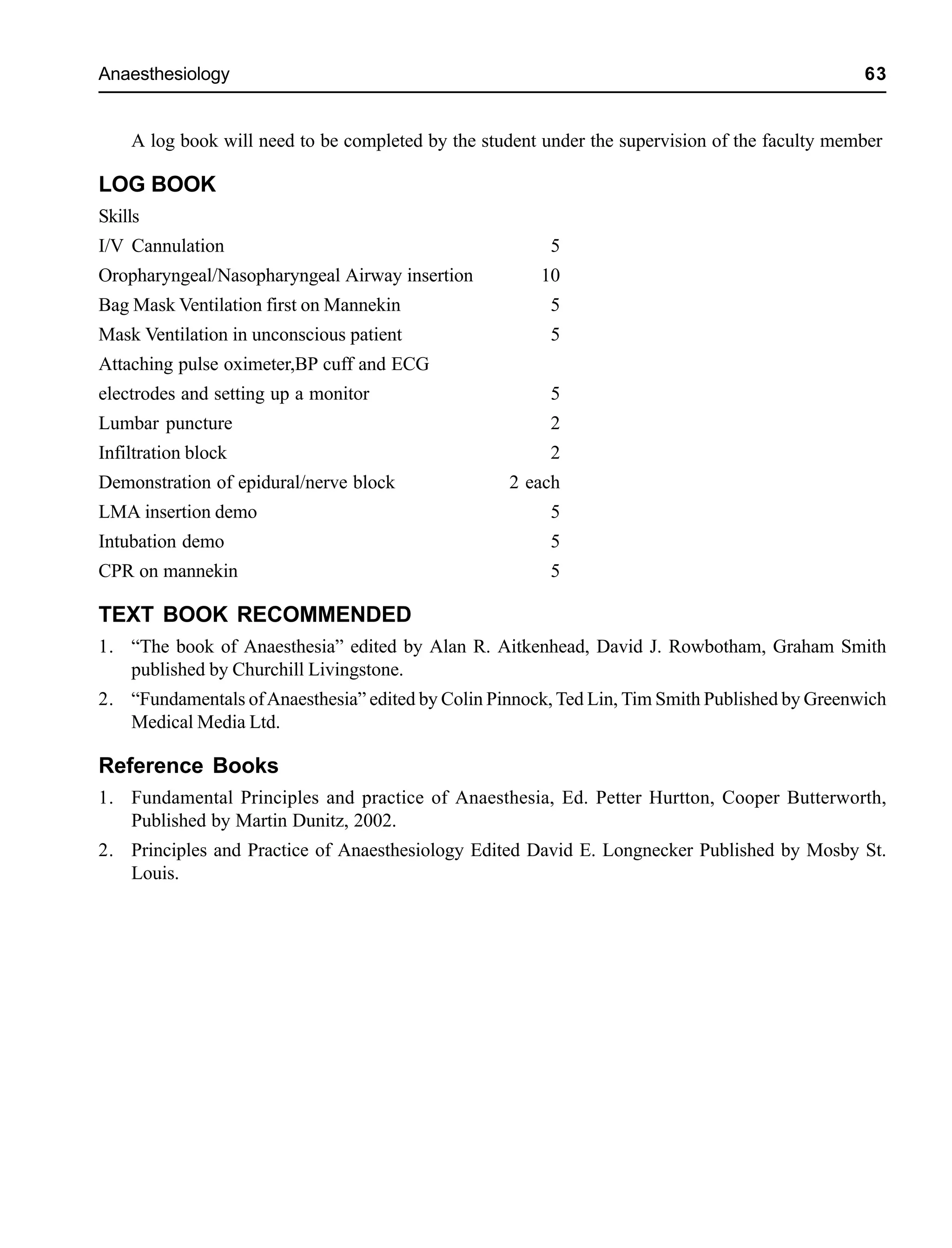 Anaesthesiology 63
A log book will need to be completed by the student under the supervision of the faculty member
LOG BOOK
Skills
I/V Cannulation 5
Oropharyngeal/Nasopharyngeal Airway insertion 10
Bag Mask Ventilation first on Mannekin 5
Mask Ventilation in unconscious patient 5
Attaching pulse oximeter,BP cuff and ECG
electrodes and setting up a monitor 5
Lumbar puncture 2
Infiltration block 2
Demonstration of epidural/nerve block 2 each
LMA insertion demo 5
Intubation demo 5
CPR on mannekin 5
TEXT BOOK RECOMMENDED
1. “The book of Anaesthesia” edited by Alan R. Aitkenhead, David J. Rowbotham, Graham Smith
published by Churchill Livingstone.
2. “Fundamentals ofAnaesthesia” edited by Colin Pinnock, Ted Lin, Tim Smith Published by Greenwich
Medical Media Ltd.
Reference Books
1. Fundamental Principles and practice of Anaesthesia, Ed. Petter Hurtton, Cooper Butterworth,
Published by Martin Dunitz, 2002.
2. Principles and Practice of Anaesthesiology Edited David E. Longnecker Published by Mosby St.
Louis.
 