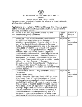 ALL INDIA INSTITUTE OF MEDICAL SCIENCES
                                 (AIIMS)
                    Ansari Nagar, New Delhi-110 029.
(An autonomous organization under the Ministry of Health & Family
Welfare, Govt. of India)

Applications are invited by AIIMS for filling up the following posts
at this Institute on Deputation/Direct Recruitment basis with the
following prescribed criteria:-
Sr. Name of the Post, Pay-band & Grade Pay and                Upper    Number of
No. Essential eligibility conditions                          Age      Post(s)*
                                                              Limit
1.    Finance & Chief Accounts Officer : (Pay-band of         56 years 01
      Rs.15600-39100 with Grade Pay Rs.6600)                           (on
      AIIMS - Essential Eligibility Criteria :- Officers from          Deputation
      any of the Central Organized Accounts Services                   basis)
      holding an analogous post or a post in the pay scale
      of Rs.8000-275-13500 (pre-revised) with 5 years
      regular service in the grade OR Audit / Accounts
      Officers from any of the Central Organized
      Accounts Departments with 7 years' regular service
      in the scale of Rs7450-225-11500 (pre-revised) or
      equivalent. In the event of suitable officers from
      the Central Government being not available, similar
      officers in the Finance / Accounts
      Departments of the Central Statutory / Autonomous
      Bodies or Public Sector Undertakings shall be
      considered. (Period of deputation shall ordinarily not
      exceed 3 years).
2.    Administrative Officer : (Pay-band of Rs.15600-         56 years 06
      39100 with                                                       (on
      Grade Pay Rs.5400)                                               Deputation
      AIIMS - Essential Eligibility Criteria:- Officers under          basis)
      the Central Govt. U.T. Administrations of Central
      Statutory/Autonomous Bodies holding analogous
      posts OR with at least 3/5 years of service in posts in
      the pay scale of Rs.2000-3500/2000-3200 (revised
      to Rs.6500-10500) OR equivalent respectively and
      having a degree and experience in administration
      and establishment matters and also preferably in
      Accounts matters. Officers possessing MBA or PG
      Diploma in Personnel Management shall be given
      preference. (Period of deputation shall ordinarily not
 