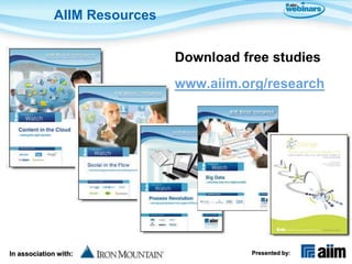 AIIM Resources


                               Download free studies
                               www.aiim.org/research




In association with:                      Presented by:
 