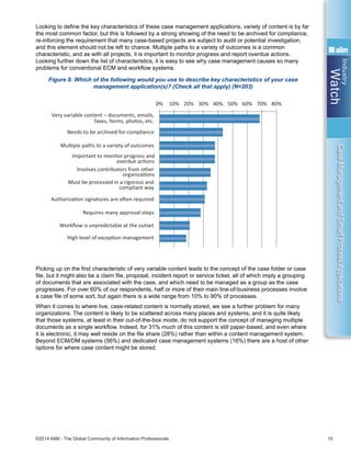 Industry
Watch
©2014 AIIM - The Global Community of Information Professionals 10
CaseManagementandSmartProcessApplications
Looking to define the key characteristics of these case management applications, variety of content is by far
the most common factor, but this is followed by a strong showing of the need to be archived for compliance,
re-inforcing the requirement that many case-based projects are subject to audit or potential investigation,
and this element should not be left to chance. Multiple paths to a variety of outcomes is a common
characteristic, and as with all projects, it is important to monitor progress and report overdue actions.
Looking further down the list of characteristics, it is easy to see why case management causes so many
problems for conventional ECM and workflow systems.
Figure 8: Which of the following would you use to describe key characteristics of your case
management application(s)? (Check all that apply) (N=203)
Picking up on the first characteristic of very variable content leads to the concept of the case folder or case
file, but it might also be a claim file, proposal, incident report or service ticket, all of which imply a grouping
of documents that are associated with the case, and which need to be managed as a group as the case
progresses. For over 60% of our respondents, half or more of their main line-of-business processes involve
a case file of some sort, but again there is a wide range from 10% to 90% of processes.
When it comes to where live, case-related content is normally stored, we see a further problem for many
organizations. The content is likely to be scattered across many places and systems, and it is quite likely
that those systems, at least in their out-of-the-box mode, do not support the concept of managing multiple
documents as a single workflow. Indeed, for 31% much of this content is still paper-based, and even where
it is electronic, it may well reside on the file share (28%) rather than within a content management system.
Beyond ECM/DM systems (56%) and dedicated case management systems (16%) there are a host of other
options for where case content might be stored.
Crime or fraud invesƟgaƟon
Planning approvals, construcƟon
Beneﬁts enƟtlement
Quality/warranty invesƟgaƟons
Social services administraƟon
Freedom of informaƟon requests
Healthcare and paƟent management
Loan originaƟon and review
Other
0% 10% 20% 30% 40% 50% 60% 70% 80%
Very variable content – documents, emails,
faxes, forms, photos, etc.
Needs to be archived for compliance
MulƟple paths to a variety of outcomes
Important to monitor progress and
overdue acƟons
Involves contributors from other
organizaƟons
Must be processed in a rigorous and
compliant way
AuthorizaƟon signatures are oŌen required
Requires many approval steps
Workﬂow is unpredictable at the outset
High level of excepƟon management
 
