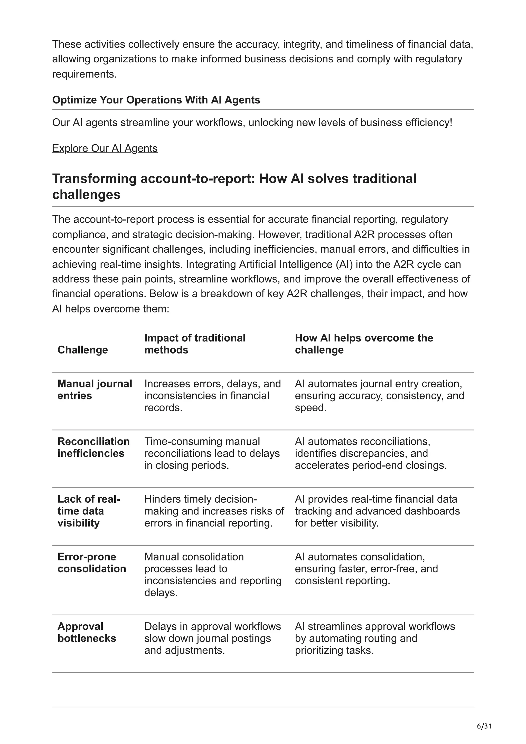 6/31
These activities collectively ensure the accuracy, integrity, and timeliness of financial data,
allowing organizations to make informed business decisions and comply with regulatory
requirements.
Optimize Your Operations With AI Agents
Our AI agents streamline your workflows, unlocking new levels of business efficiency!
Explore Our AI Agents
Transforming account-to-report: How AI solves traditional
challenges
The account-to-report process is essential for accurate financial reporting, regulatory
compliance, and strategic decision-making. However, traditional A2R processes often
encounter significant challenges, including inefficiencies, manual errors, and difficulties in
achieving real-time insights. Integrating Artificial Intelligence (AI) into the A2R cycle can
address these pain points, streamline workflows, and improve the overall effectiveness of
financial operations. Below is a breakdown of key A2R challenges, their impact, and how
AI helps overcome them:
Challenge
Impact of traditional
methods
How AI helps overcome the
challenge
Manual journal
entries
Increases errors, delays, and
inconsistencies in financial
records.
AI automates journal entry creation,
ensuring accuracy, consistency, and
speed.
Reconciliation
inefficiencies
Time-consuming manual
reconciliations lead to delays
in closing periods.
AI automates reconciliations,
identifies discrepancies, and
accelerates period-end closings.
Lack of real-
time data
visibility
Hinders timely decision-
making and increases risks of
errors in financial reporting.
AI provides real-time financial data
tracking and advanced dashboards
for better visibility.
Error-prone
consolidation
Manual consolidation
processes lead to
inconsistencies and reporting
delays.
AI automates consolidation,
ensuring faster, error-free, and
consistent reporting.
Approval
bottlenecks
Delays in approval workflows
slow down journal postings
and adjustments.
AI streamlines approval workflows
by automating routing and
prioritizing tasks.
 