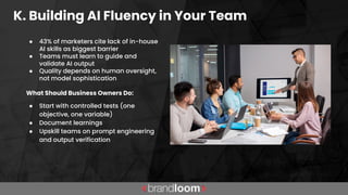 K. Building AI Fluency in Your Team
● 43% of marketers cite lack of in-house
AI skills as biggest barrier
● Teams must learn to guide and
validate AI output
● Quality depends on human oversight,
not model sophistication
What Should Business Owners Do:
● Start with controlled tests (one
objective, one variable)
● Document learnings
● Upskill teams on prompt engineering
and output verification
 