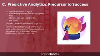C. Predictive Analytics: Precursor to Success
● AI analyzes millions of signals
● Forecasts engagement, conversions, optimal
bids
● Identifies high-value opportunities
pre-launch
And this is before you even spend a single buck.
Example: Instead of spending ₹1 lakh to discover
an ad performs poorly after 2 weeks, AI predicts it
will underperform and suggests a better
option—saving you time and money.
 