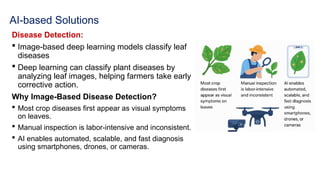AI-based Solutions
Disease Detection:
 Image-based deep learning models classify leaf
diseases
 Deep learning can classify plant diseases by
analyzing leaf images, helping farmers take early
corrective action.
Why Image-Based Disease Detection?
 Most crop diseases first appear as visual symptoms
on leaves.
 Manual inspection is labor-intensive and inconsistent.
 AI enables automated, scalable, and fast diagnosis
using smartphones, drones, or cameras.
 