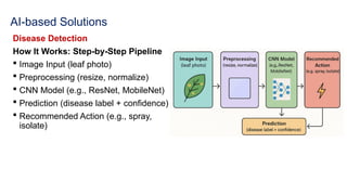 AI-based Solutions
Disease Detection
How It Works: Step-by-Step Pipeline
 Image Input (leaf photo)
 Preprocessing (resize, normalize)
 CNN Model (e.g., ResNet, MobileNet)
 Prediction (disease label + confidence)
 Recommended Action (e.g., spray,
isolate)
 