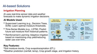 AI-based Solutions
Irrigation Planning
AI uses real-time sensor data and weather
forecasts to make dynamic irrigation decisions.
AI Models Used:
 Supervised Learning (e.g., Decision Trees,
SVM): Learn optimal moisture thresholds.
 Time-Series Models (e.g., LSTM): Predict
future soil moisture from historical patterns.
 Reinforcement Learning: Adaptive irrigation
based on maximizing crop yield/reducing
water use over time.
Key Features:
Soil moisture trends, Crop evapotranspiration (ET )
₀
Weather prediction (rainfall, temp), Crop growth stage, and Irrigation history
 