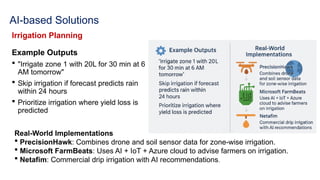 AI-based Solutions
Irrigation Planning
Example Outputs
 "Irrigate zone 1 with 20L for 30 min at 6
AM tomorrow"
 Skip irrigation if forecast predicts rain
within 24 hours
 Prioritize irrigation where yield loss is
predicted
Real-World Implementations
 PrecisionHawk: Combines drone and soil sensor data for zone-wise irrigation.
 Microsoft FarmBeats: Uses AI + IoT + Azure cloud to advise farmers on irrigation.
 Netafim: Commercial drip irrigation with AI recommendations.
 