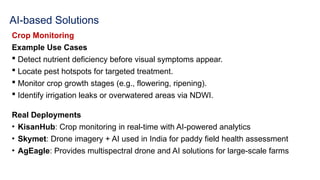 AI-based Solutions
Crop Monitoring
Example Use Cases
 Detect nutrient deficiency before visual symptoms appear.
 Locate pest hotspots for targeted treatment.
 Monitor crop growth stages (e.g., flowering, ripening).
 Identify irrigation leaks or overwatered areas via NDWI.
Real Deployments
• KisanHub: Crop monitoring in real-time with AI-powered analytics
• Skymet: Drone imagery + AI used in India for paddy field health assessment
• AgEagle: Provides multispectral drone and AI solutions for large-scale farms
 