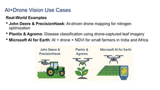 AI+Drone Vision Use Cases
Real-World Examples
 John Deere & PrecisionHawk: AI-driven drone mapping for nitrogen
optimization
 Plantix & Agremo: Disease classification using drone-captured leaf imagery
 Microsoft AI for Earth: AI + drone + NDVI for small farmers in India and Africa
 