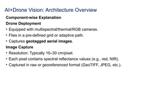AI+Drone Vision: Architecture Overview
Component-wise Explanation
Drone Deployment
• Equipped with multispectral/thermal/RGB cameras.
• Flies in a pre-defined grid or adaptive path.
• Captures geotagged aerial images.
Image Capture
• Resolution: Typically 10–30 cm/pixel.
• Each pixel contains spectral reflectance values (e.g., red, NIR).
• Captured in raw or georeferenced format (GeoTIFF, JPEG, etc.).
 