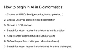 How to begin in AI in Bioinformatics:
1- Choose an OMICs field (genomics, transcriptomics,..)
2- Choose unsolved problem / need optimization
3- Choose a NGS platform
4- Search for recent models / architectures in this problem
5- Keep yourself updated (Google Scholar Alert)
6- Define the problem challenges ( class imbalance)
7- Search for recent models / architectures for these challenges.
 