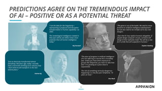 PREDICTIONS AGREE ON THE TREMENDOUS IMPACT
OF AI – POSITIVE OR AS A POTENTIAL THREAT
9
“Just as electricity transformed al...