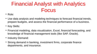 Financial Analyst with Analytics
Focus
●
Role:
●
Use data analysis and modeling techniques to forecast financial trends,
prepare budgets, and assess the financial performance of a business.
●
Key Skills:
●
Financial modeling, data visualization, Excel, financial forecasting, and
knowledge of financial management tools (like SAP, Oracle).
●
Industry Demand:
●
Strong demand in banking, investment firms, corporate finance
departments, and insurance.
 