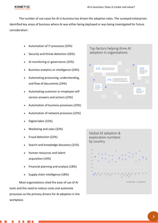 AI in business: Does it create real value?
3
The number of use cases for AI in business has driven the adoption rates. The surveyed enterprises
identified key areas of business where AI was either being deployed or was being investigated for future
consideration:
• Automation of IT processes (33%)
• Security and threat detection (26%)
• AI monitoring or governance (25%)
• Business analytics or intelligence (24%)
• Automating processing, understanding,
and flow of documents (24%)
• Automating customer or employee self-
service answers and actions (23%)
• Automation of business processes (22%)
• Automation of network processes (22%)
• Digital labor (22%)
• Marketing and sales (22%)
• Fraud detection (22%)
• Search and knowledge discovery (21%)
• Human resources and talent
acquisition (19%)
• Financial planning and analysis (18%)
• Supply chain intelligence (18%)
Most organizations cited the ease of use of AI
tools and the need to reduce costs and automate
processes as the primary drivers for AI adoption in the
workplace.
 