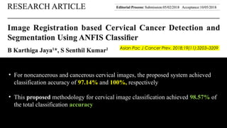 • For noncancerous and cancerous cervical images, the proposed system achieved
classification accuracy of 97.14% and 100%, respectively
• This proposed methodology for cervical image classification achieved 98.57% of
the total classification accuracy
Asian Pac J Cancer Prev. 2018;19(11):3203–3209
 