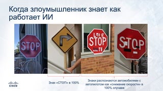 Когда злоумышленник знает как
работает ИИ
Знаки распознаются автомобилями с
автопилотом как «снижение скорости» в
100% случаев
Знак «СТОП» в 100%
 