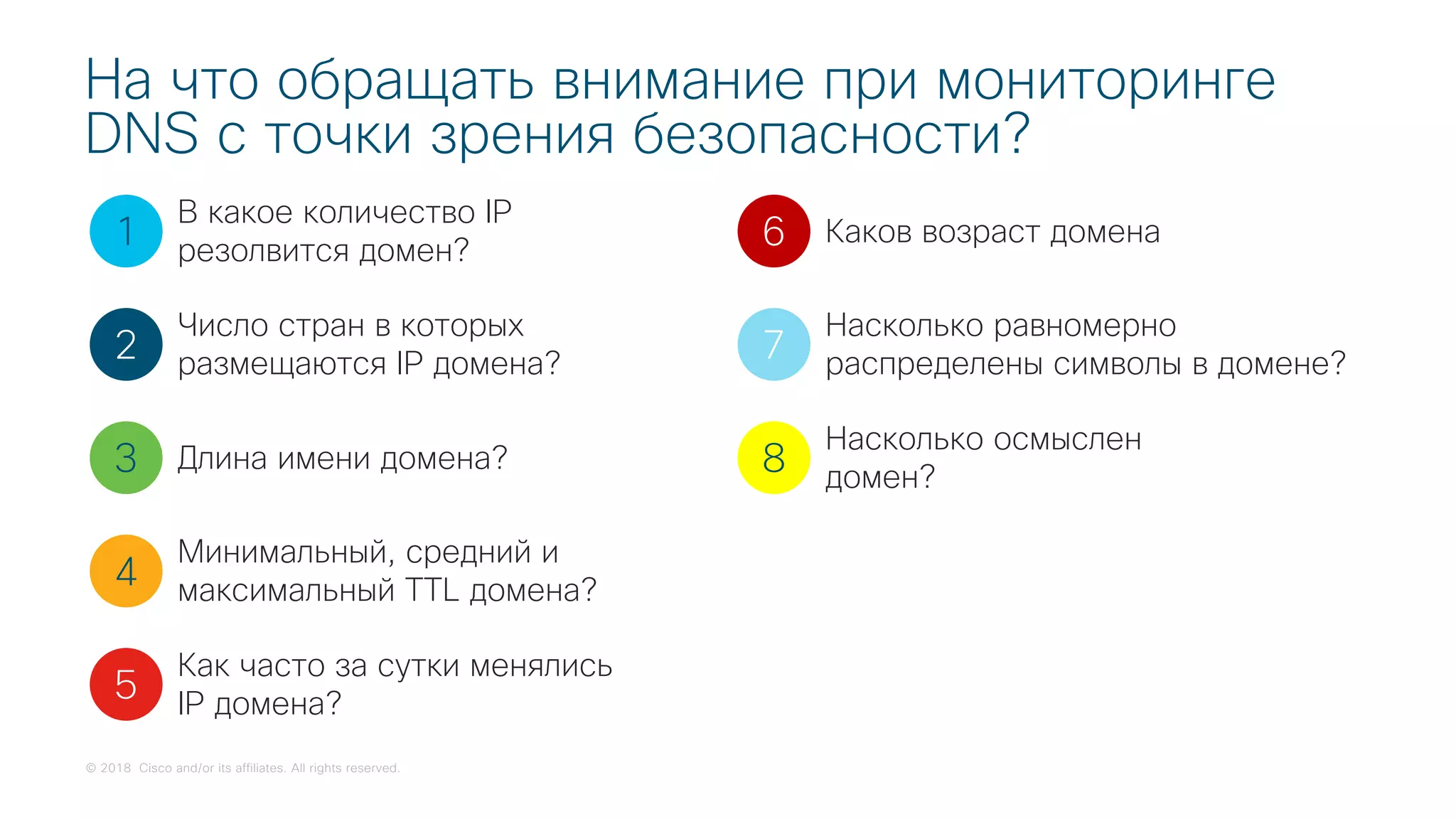 © 2018 Cisco and/or its affiliates. All rights reserved.
На что обращать внимание при мониторинге
DNS с точки зрения безопасности?
1
2
3
4
5
В какое количество IP
резолвится домен?
Число стран в которых
размещаются IP домена?
Длина имени домена?
Минимальный, средний и
максимальный TTL домена?
Как часто за сутки менялись
IP домена?
6
7
8
Каков возраст домена
Насколько равномерно
распределены символы в домене?
Насколько осмыслен
домен?
 