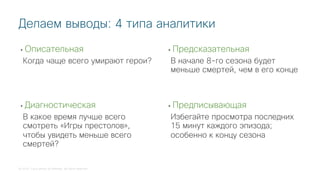 © 2018 Cisco and/or its affiliates. All rights reserved.
• Описательная
Когда чаще всего умирают герои?
• Диагностическая
В какое время лучше всего
смотреть «Игры престолов»,
чтобы увидеть меньше всего
смертей?
• Предсказательная
В начале 8-го сезона будет
меньше смертей, чем в его конце
• Предписывающая
Избегайте просмотра последних
15 минут каждого эпизода;
особенно к концу сезона
Делаем выводы: 4 типа аналитики
 