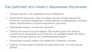 © 2018 Cisco and/or its affiliates. All rights reserved.
1. Загрузка данных и их предварительная обработка
2. Извлечение признаков. Один из самых важных этапов машинного
обучения, который превращает сырые данные в информацию, которую
может обрабатывать алгоритм машинного обучения
3. Тренировка модели, используя признаки
4. Повтор для поиска лучшей модели. Мы можем упростить модель,
снижая число признаков, или усложнить ее, добавив новые признаки,
новые источники данных или скомбинировав модели
5. Интеграция лучшей модели или моделей в «боевую» систему
6. Подача на вход модели боевой системы реальные, а не обучающие
данные
Как работает вся схема с машинным обучением
 