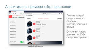 © 2018 Cisco and/or its affiliates. All rights reserved.
Аналитика на примере «Игр престолов»
deathtimeline.com
Анализ каждой
смерти во всех
сезонах –
жертва, убийца и
время
Отличный набор
данных по 200+
смертям сериала
 