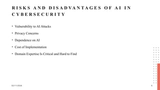 02/11/2026 6
R I S K S A N D D I S A D VA N T A G E S O F A I I N
C Y B E R S E C U R I T Y
• Vulnerability to AI Attacks
• Privacy Concerns
• Dependence on AI
• Cost of Implementation
• Domain Expertise Is Critical and Hard to Find
 