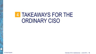 © Olivier Busolini
TAKEAWAYS FOR THE
ORDINARY CISO
4
| June 2019 |Overview of AI in Cybersecurity 15
 