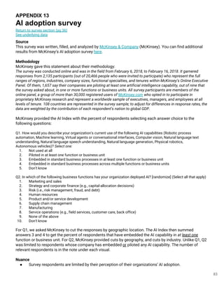 83
APPENDIX 13
AI adoption survey
Return to survey section (pg 36)
See underlying data
Source
This survey was written, filled, and analyzed by McKinsey & Company (McKinsey). You can find additional
results from McKinsey’s AI adoption survey here.
Methodology
McKinsey gave this statement about their methodology:
The survey was conducted online and was in the field from February 6, 2018, to February 16, 2018. It garnered
responses from 2,135 participants (out of 20,466 people who were invited to participate) who represent the full
ranges of regions, industries, company sizes, functional specialties, and tenures within McKinsey’s Online Executive
Panel. Of them, 1,657 say their companies are piloting at least one artificial intelligence capability, out of nine that
the survey asked about, in one or more functions or business units. All survey participants are members of the
online panel, a group of more than 30,000 registered users of McKinsey.com who opted in to participate in
proprietary McKinsey research and represent a worldwide sample of executives, managers, and employees at all
levels of tenure. 108 countries are represented in the survey sample; to adjust for differences in response rates, the
data are weighted by the contribution of each respondent’s nation to global GDP.
McKinsey provided the AI Index with the percent of respondents selecting each answer choice to the
following questions:
Q1. How would you describe your organization’s current use of the following AI capabilities (Robotic process
automation, Machine learning, Virtual agents or conversational interfaces, Computer vision, Natural language text
understanding, Natural language speech understanding, Natural language generation, Physical robotics,
Autonomous vehicles)? Select one:
1. Not used at all
2. Piloted in at least one function or business unit
3. Embedded in standard business processes in at least one function or business unit
4. Embedded in standard business processes across multiple functions or business units
5. Don’t know
Q2. In which of the following business functions has your organization deployed AI? [randomize] (Select all that apply)
1. Marketing and sales
2. Strategy and corporate finance (e.g., capital-allocation decisions)
3. Risk (i.e., risk management, fraud, and debt)
4. Human resources
5. Product and/or service development
6. Supply chain management
7. Manufacturing
8. Service operations (e.g., field services, customer care, back office)
9. None of the above
10. Don’t know
For Q1, we asked McKinsey to cut the responses by geographic location. The AI Index then summed
answers 3 and 4 to get the percent of respondents that have embedded the AI capability in at least one
function or business unit. For Q2, McKinsey provided cuts by geography, and cuts by industry. Unlike Q1, Q2
was limited to respondents whose company has embedded or piloted any AI capability. The number of
relevant respondents is in the note under each visual.
Nuance
● Survey respondents are limited by their perception of their organizations’ AI adoption.
 